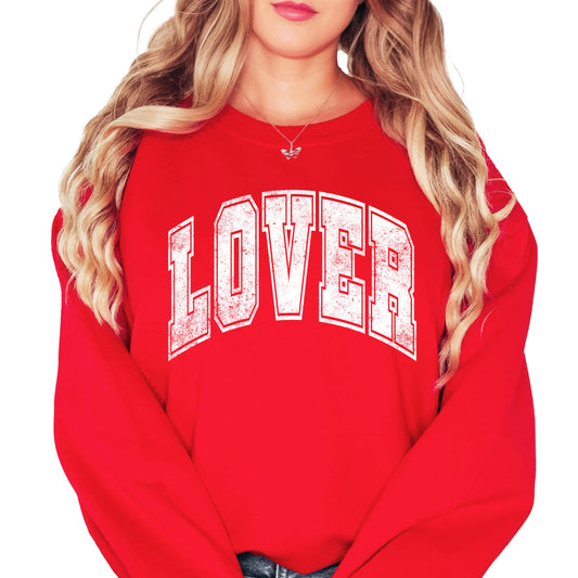 Front view of Lover varsity graphic sweatshirt in red on white for Valentine's Day