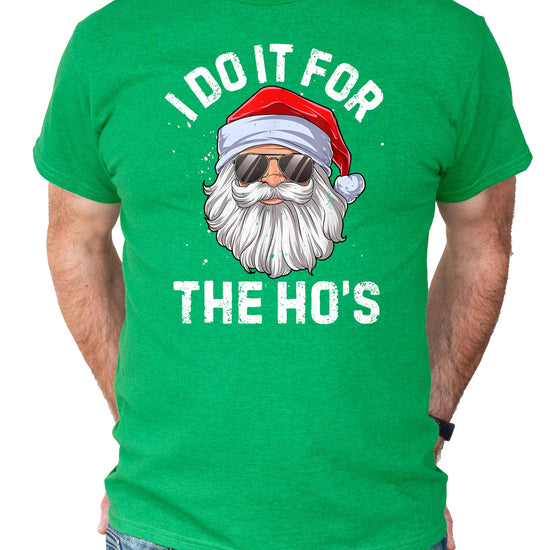 Front view of green funny Christmas shirt with bold holiday graphic design for men and women
