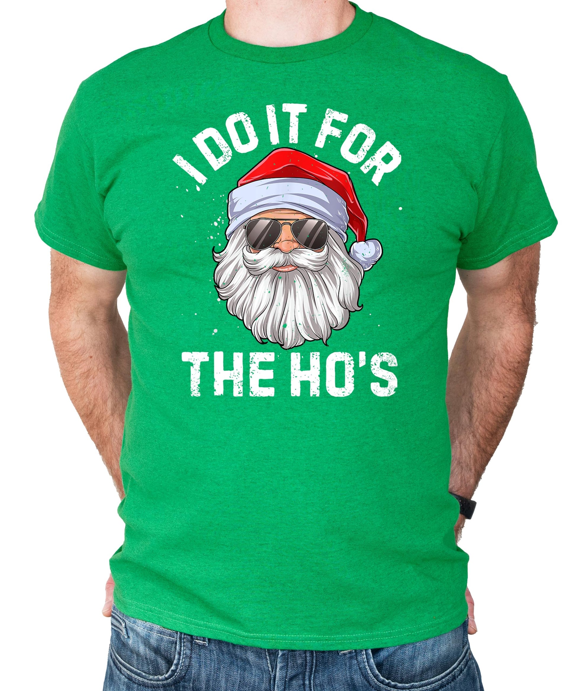Front view of green funny Christmas shirt with bold holiday graphic design for men and women