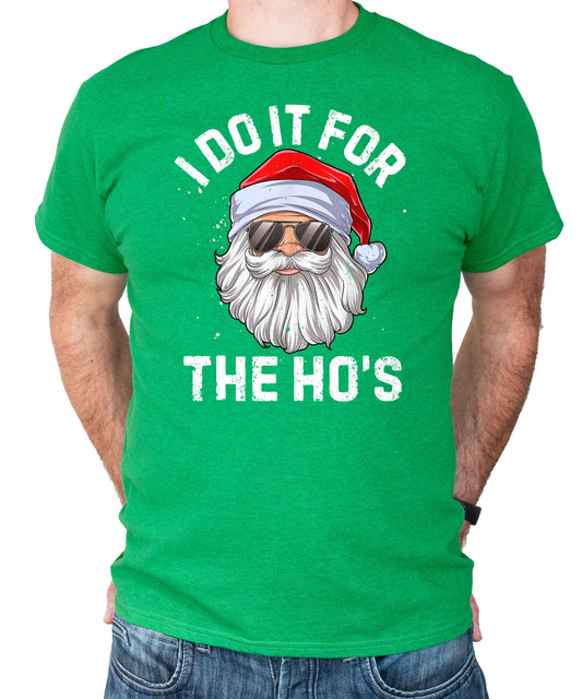 Front view of green funny Christmas shirt with bold holiday graphic design for men and women
