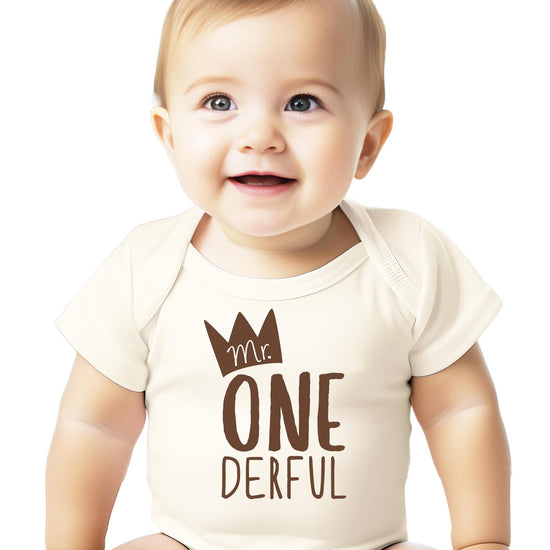 Close-up of Mr. One-Derful birthday bodysuit design in vintage royal style
