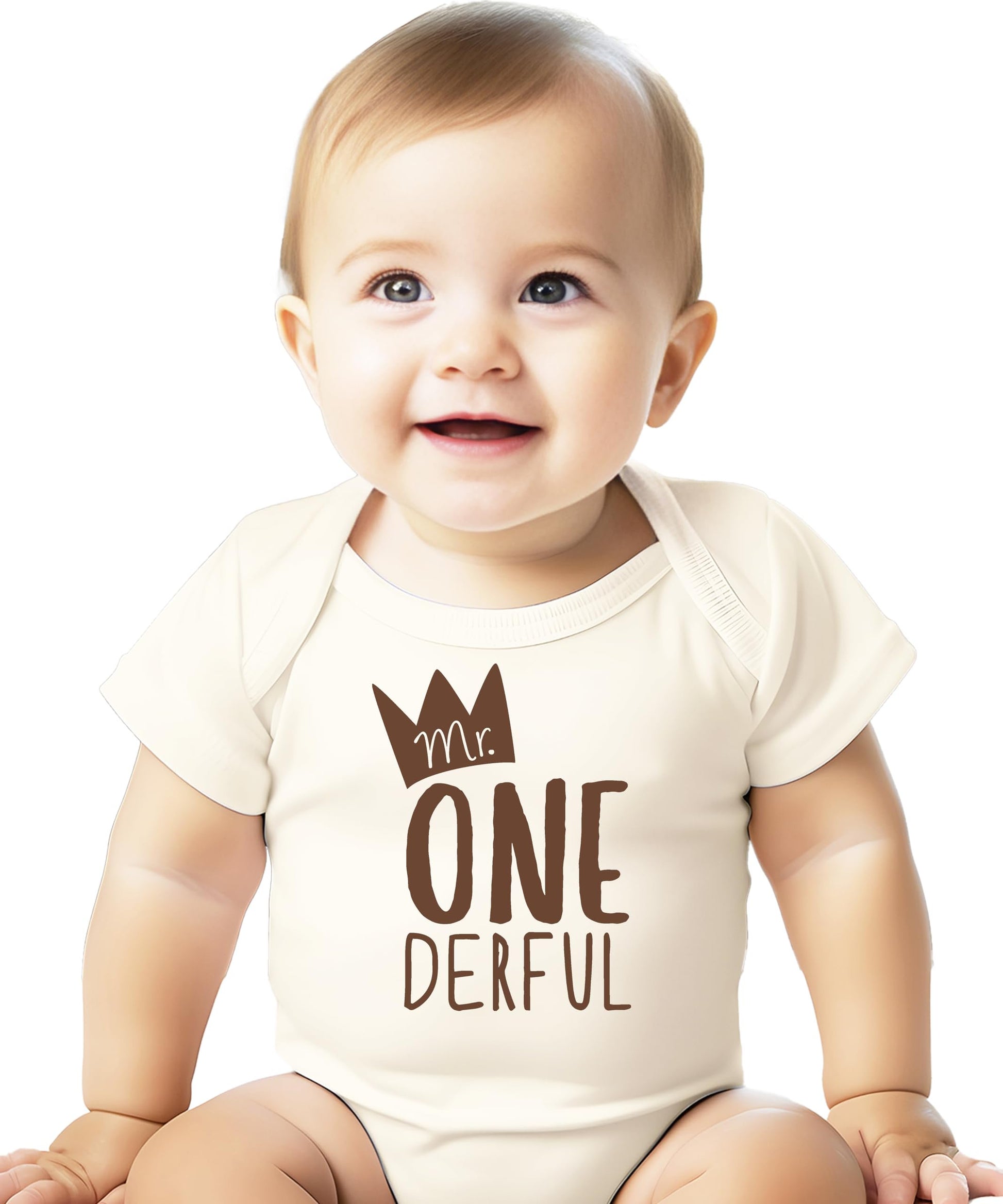 Close-up of Mr. One-Derful birthday bodysuit design in vintage royal style
