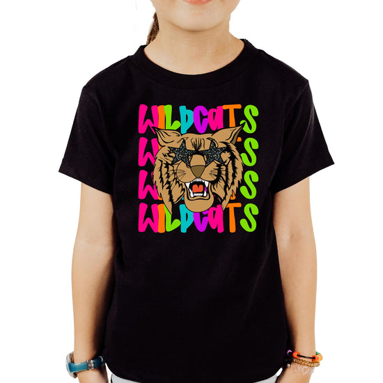 Wildcats retro graphic tee with colorful wildcat wearing star sunglasses on black shirt