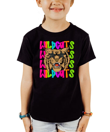 Wildcats retro graphic tee with colorful wildcat wearing star sunglasses on black shirt