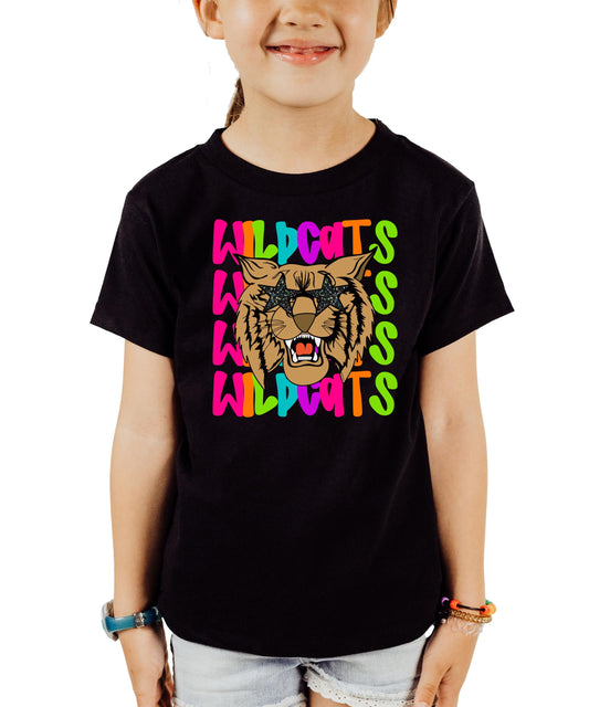 Wildcats Sports Fan Shirt for Women and Teens Girly Colorful Neon School Mascot Tee Black Shirt Adult Medium