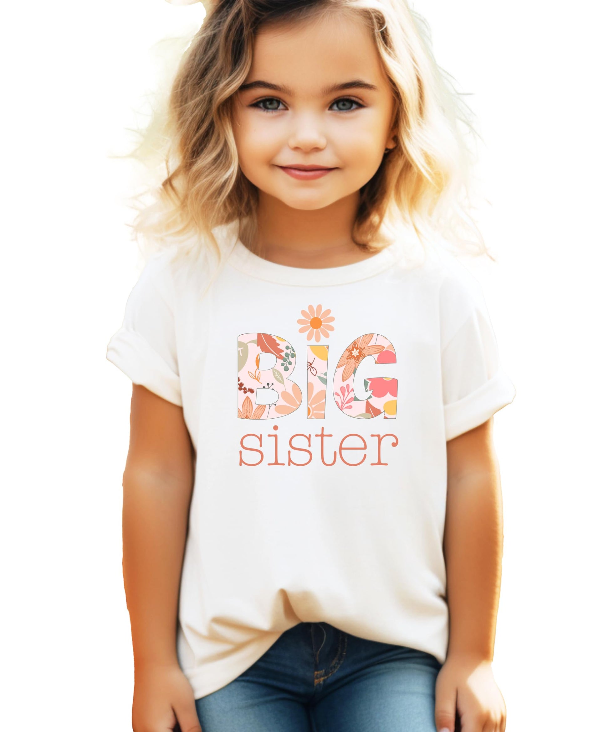 Girls wearing a peach floral daisy Big Sister graphic t-shirt, youth sizing