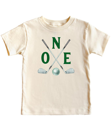 Golf themed 1st birthday matching family shirt set displayed together for party photo shoot