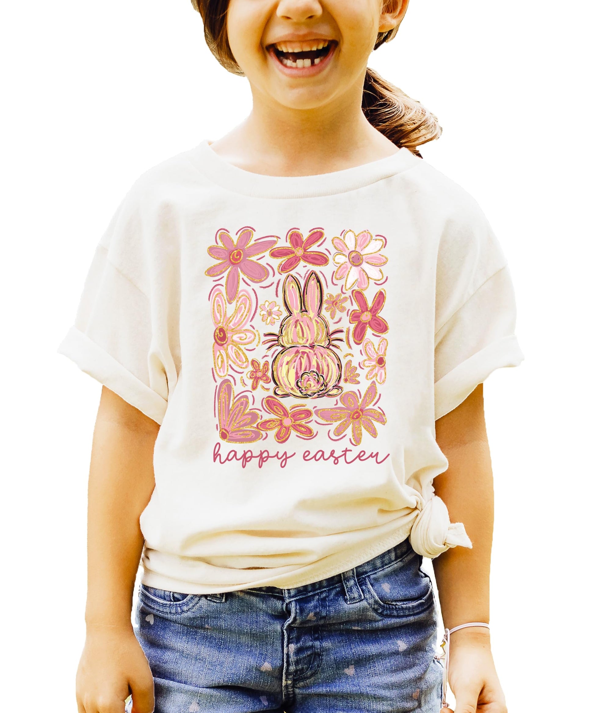 Toddler girl wearing a peach Happy Easter flower bunny graphic tee — Olive Loves Apple