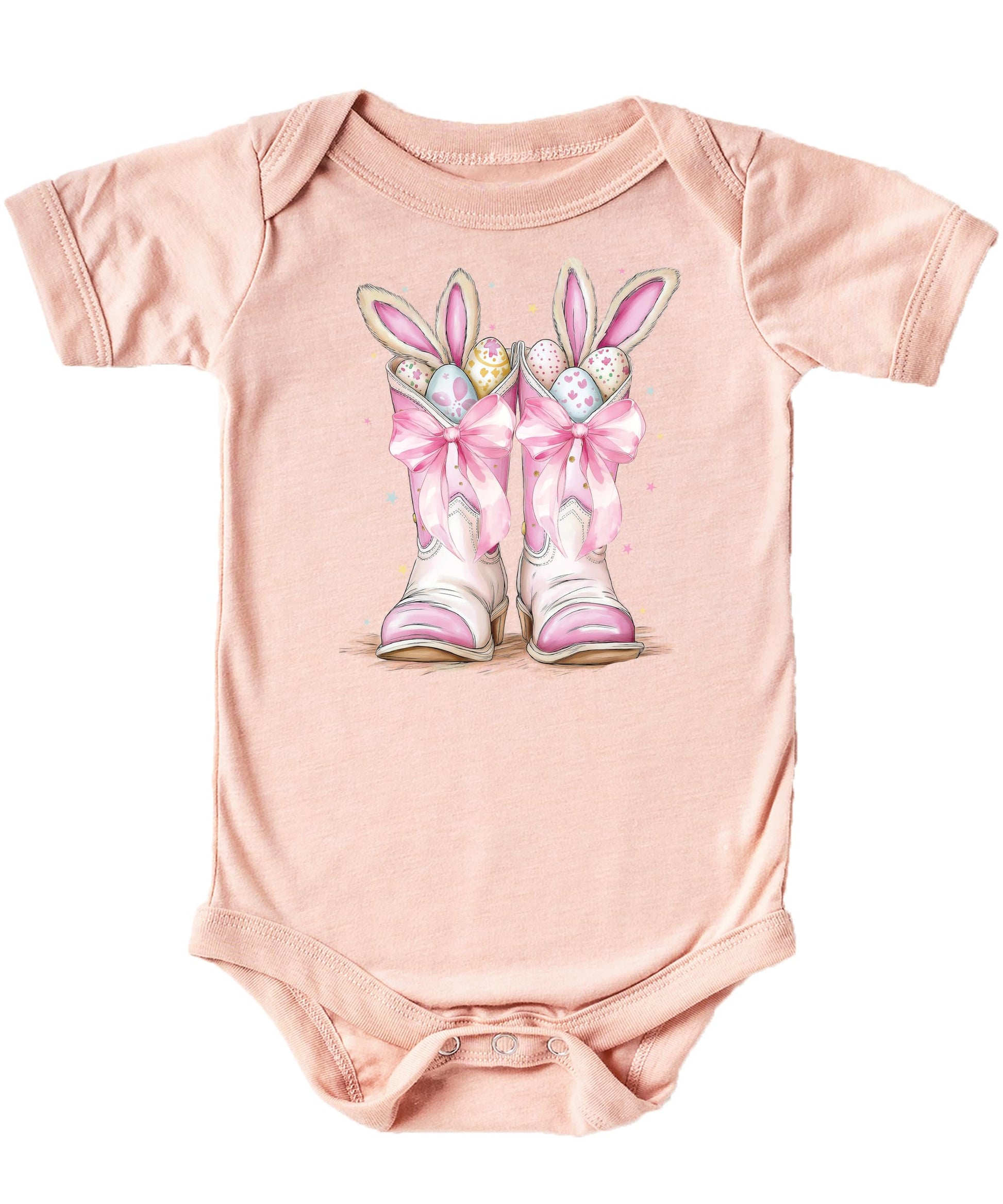 Front view of white baby one-piece with western Easter bunny boots graphic in pink and peach