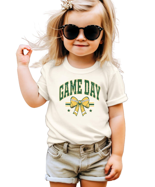 Green and Gold Game Day Shirt for Women, Teens & Kids Team Colors Football Bow Graphic Tee