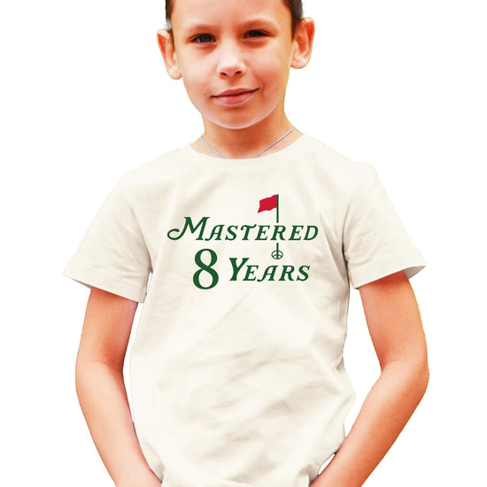 Kids natural color t-shirt with Mastered 8 Years golf themed eighth birthday graphic print