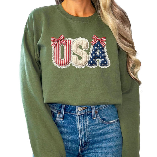 Color options for USA coquette sweatshirt including white, gray, sand, and army green variants