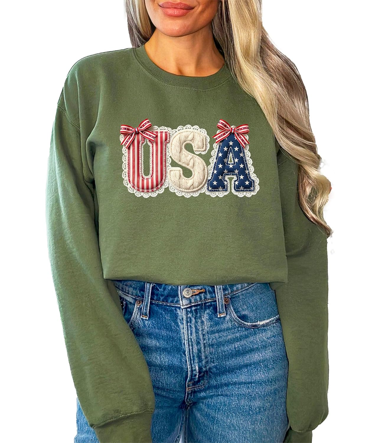 Color options for USA coquette sweatshirt including white, gray, sand, and army green variants