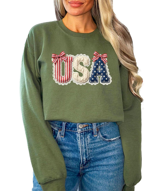 Color options for USA coquette sweatshirt including white, gray, sand, and army green variants