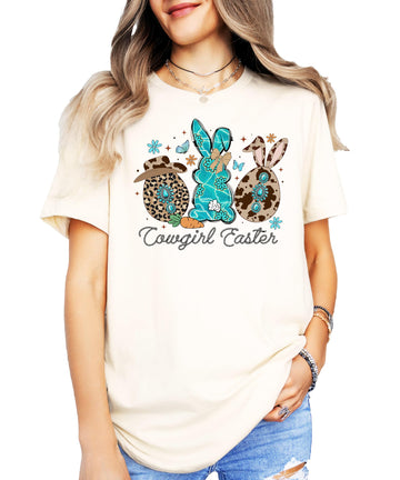Toddler girls western Easter shirt in peach with cowgirl bunny cow print design