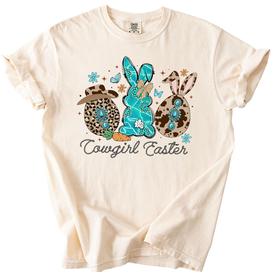 Front view of Western-inspired Easter bunny shirt for women in dark brown with bold graphic print