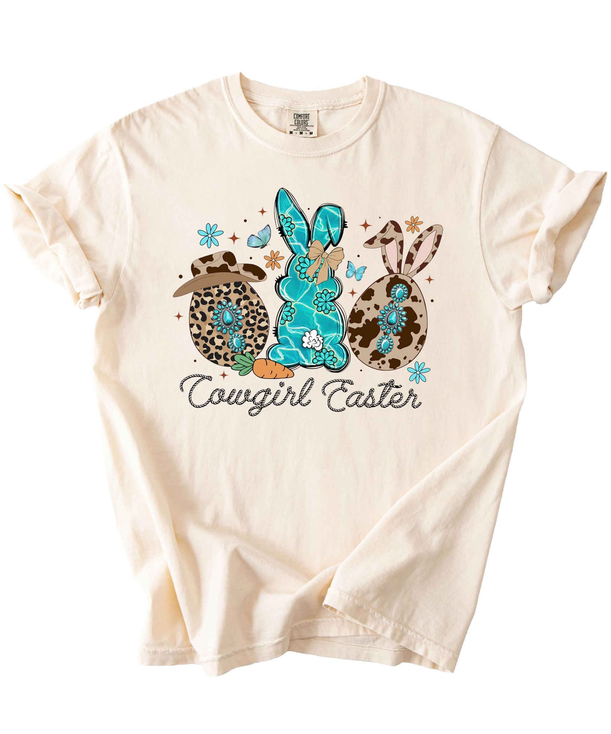 Front view of Western-inspired Easter bunny shirt for women in dark brown with bold graphic print