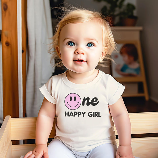 Detail shot of One Happy Family birthday shirt design — bold graphic on soft natural fabric