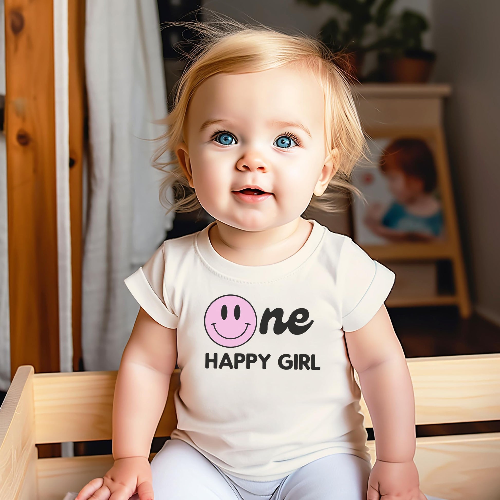 Detail shot of One Happy Family birthday shirt design — bold graphic on soft natural fabric