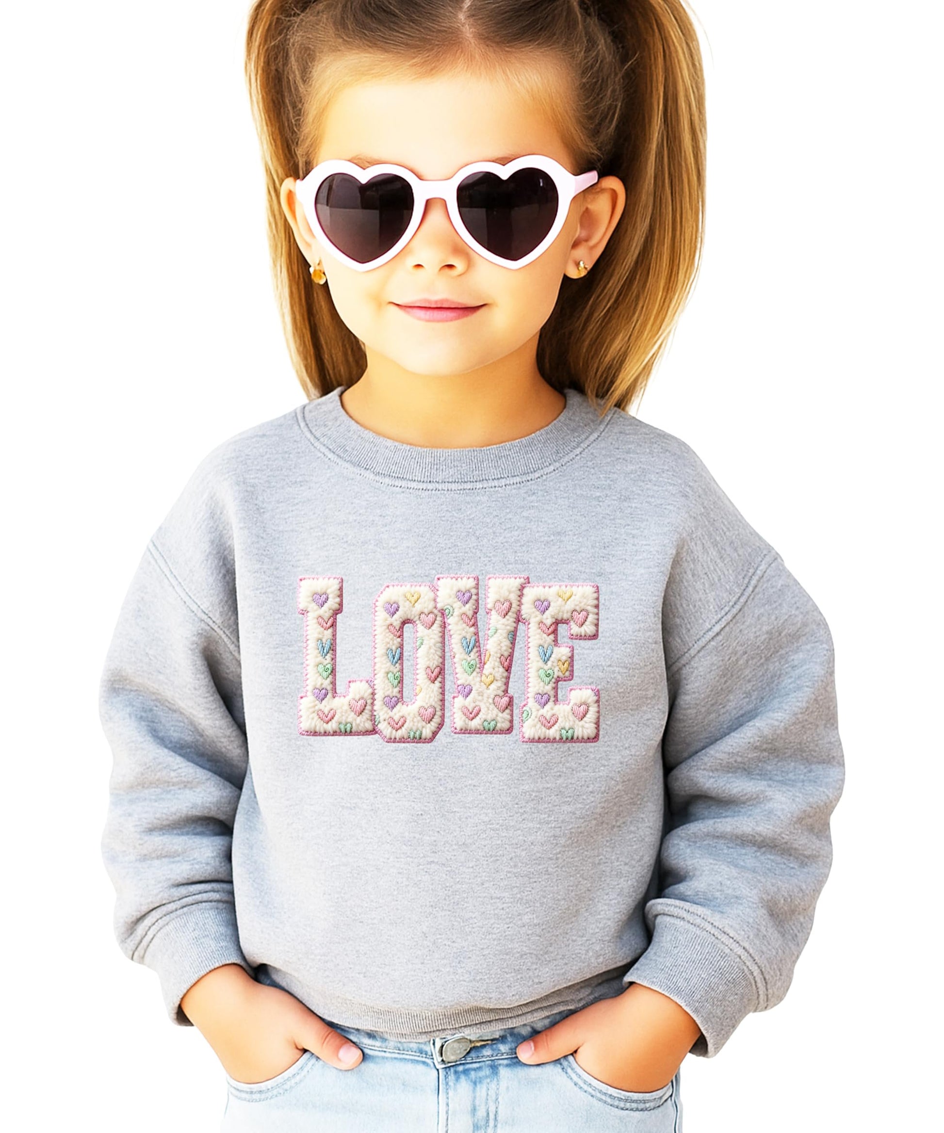Front view of women's pink Valentine's Day sweatshirt with retro LOVE graphic print