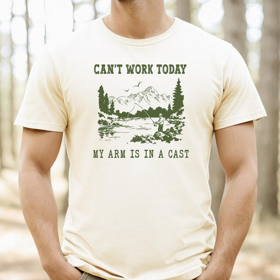 Flat lay of men's natural graphic tee featuring funny fishing excuse slogan — perfect Father's Day gift