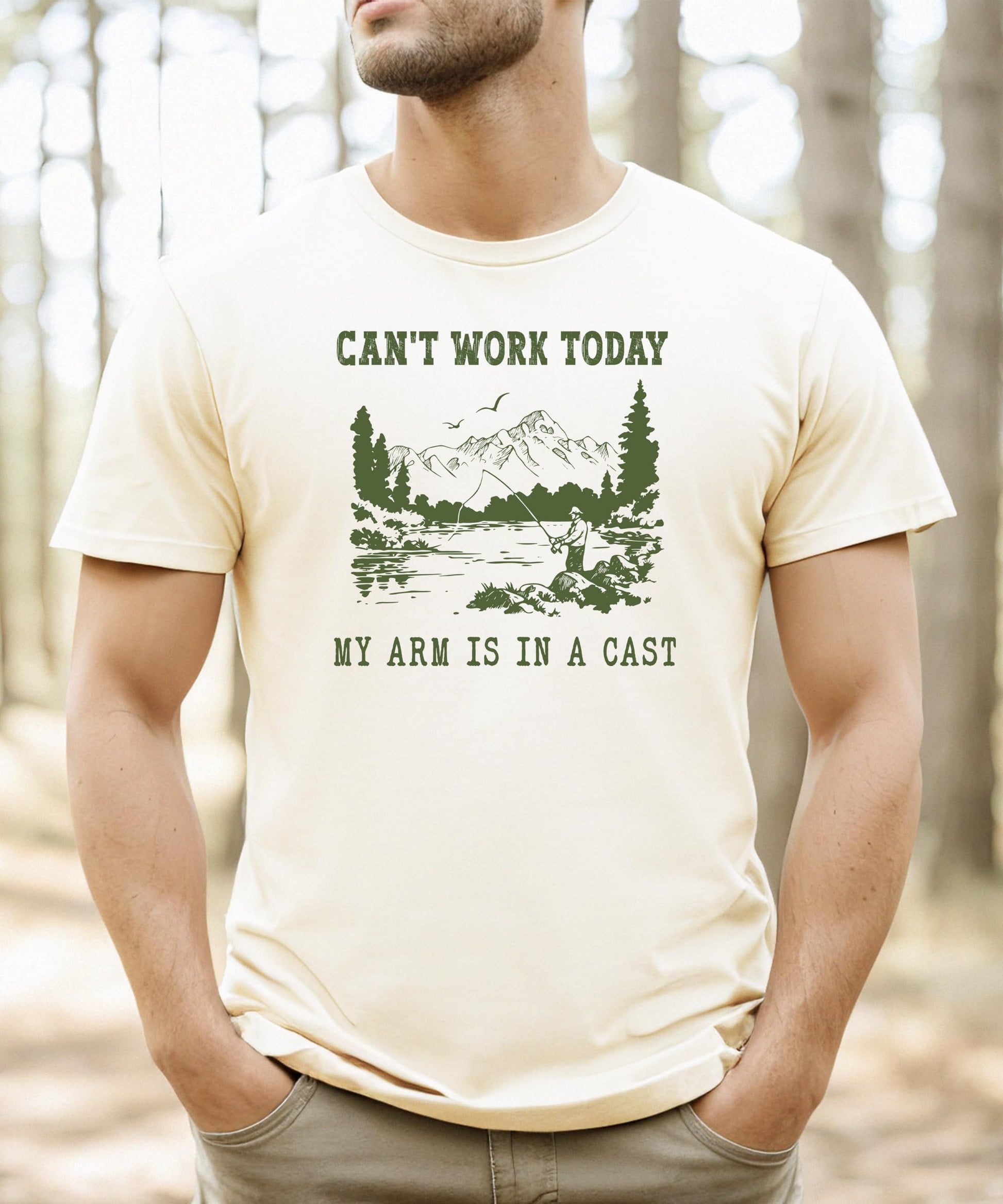 Flat lay of men's natural graphic tee featuring funny fishing excuse slogan — perfect Father's Day gift
