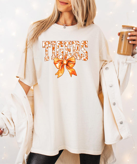 Tigers Bow Shirt for Women and Teens Orange Floral Style Tee