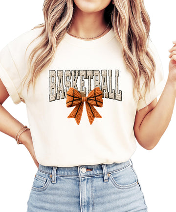 Ink Printed Image NOT a Yarn Patch - Girly Basketball & Coquette Bow Shirt for Women and Teens