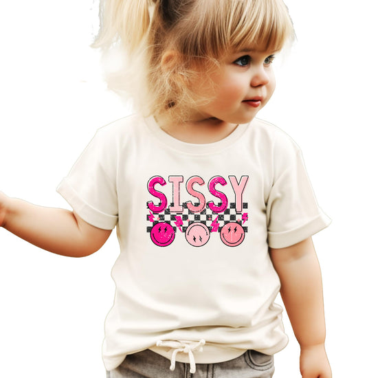 Front view of pink retro Sissy shirt with bold graphic print for girls and toddlers