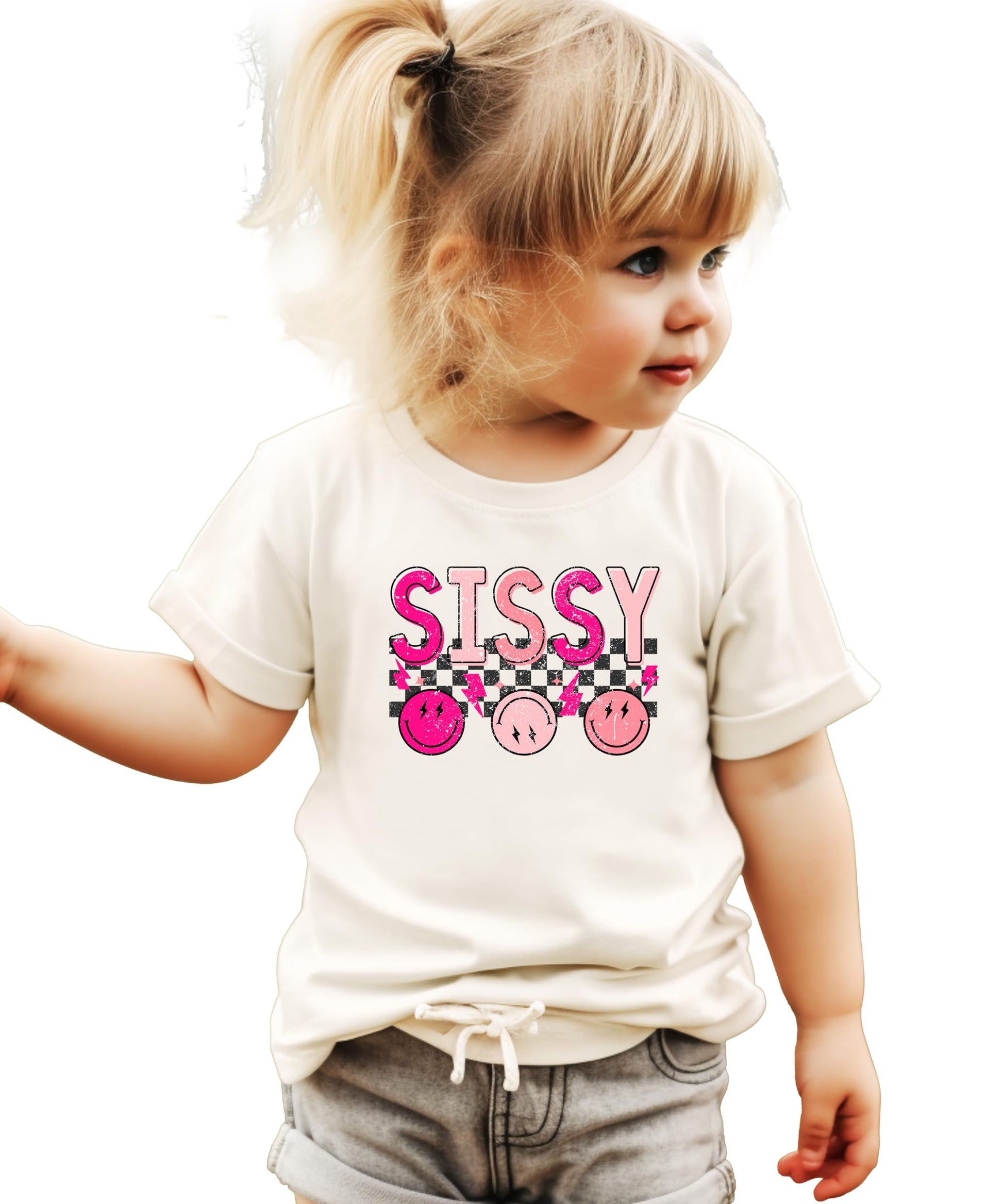 Front view of pink retro Sissy shirt with bold graphic print for girls and toddlers