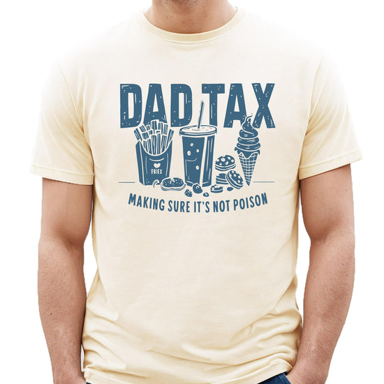 Dark gray heather men's graphic tee with funny Dad Tax food inspector design on the front