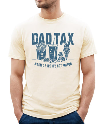 Dark gray heather men's graphic tee with funny Dad Tax food inspector design on the front
