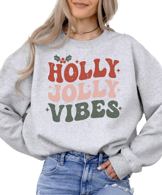 Retro Holly Jolly Vibes Sweatshirt for Women Teens and Girls Distressed Christmas Pullover