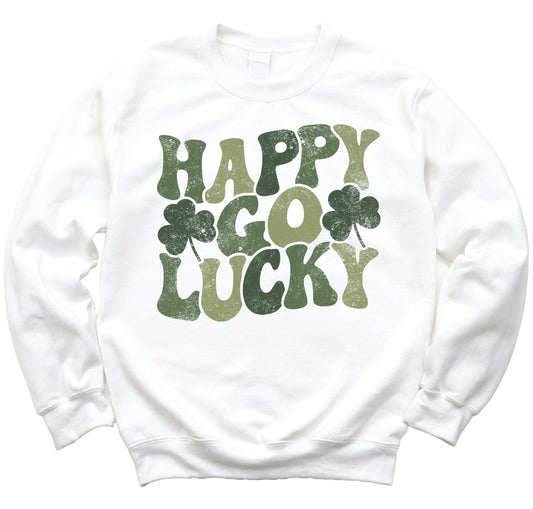 Women's white Happy Go Lucky St. Patrick's Day sweatshirt with retro distressed shamrock graphic