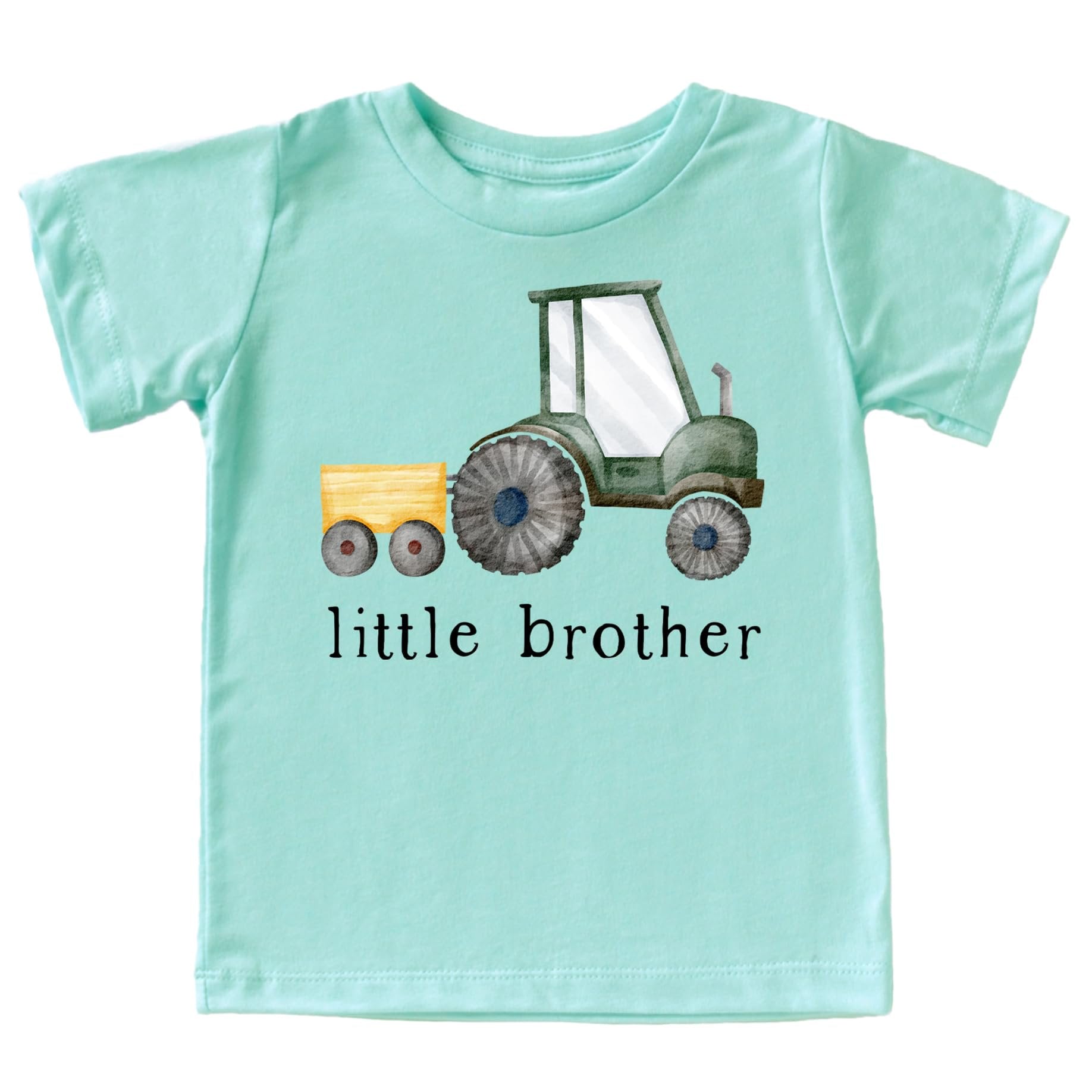 Close-up of farm tractor graphic on little brother baby bodysuit printed in bold colors