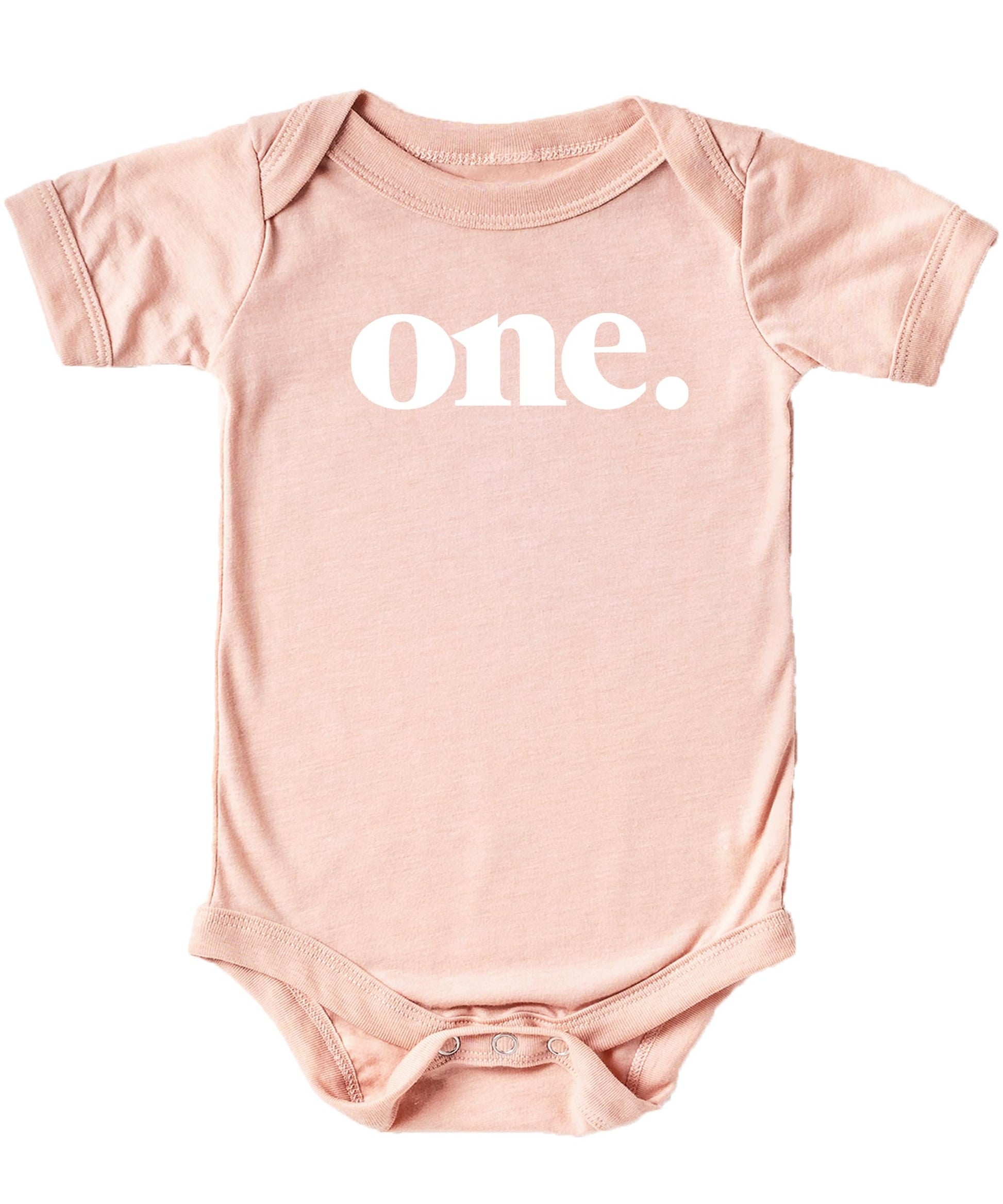 Baby wearing Bold One 1st birthday bodysuit in mauve — front view of birthday outfit