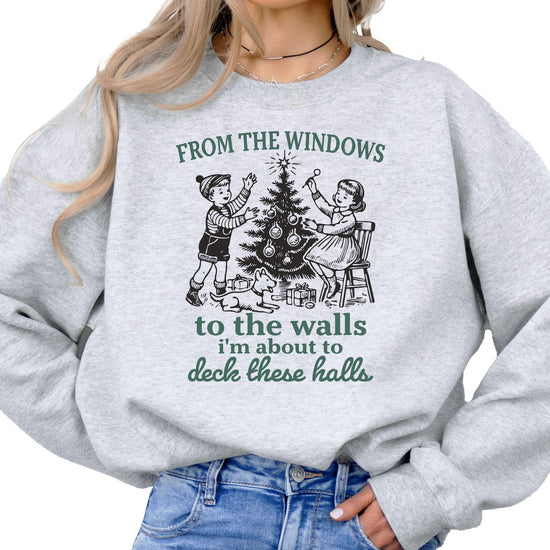 Back view of gray Deck These Halls funny holiday sweatshirt for adults