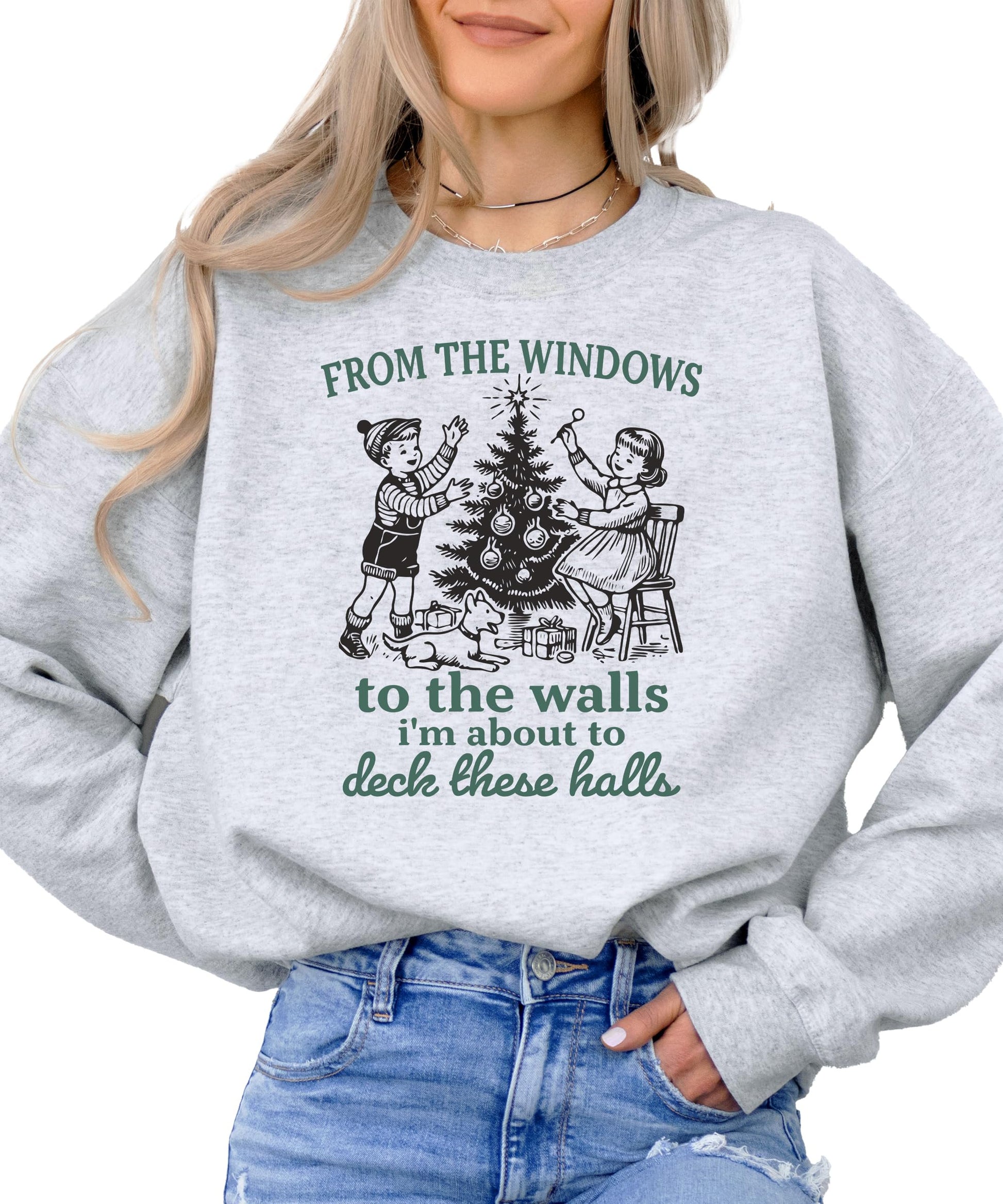 Back view of gray Deck These Halls funny holiday sweatshirt for adults