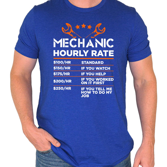 Flat lay of black men's graphic t-shirt with Mechanic Hourly Rate sarcastic price chart design