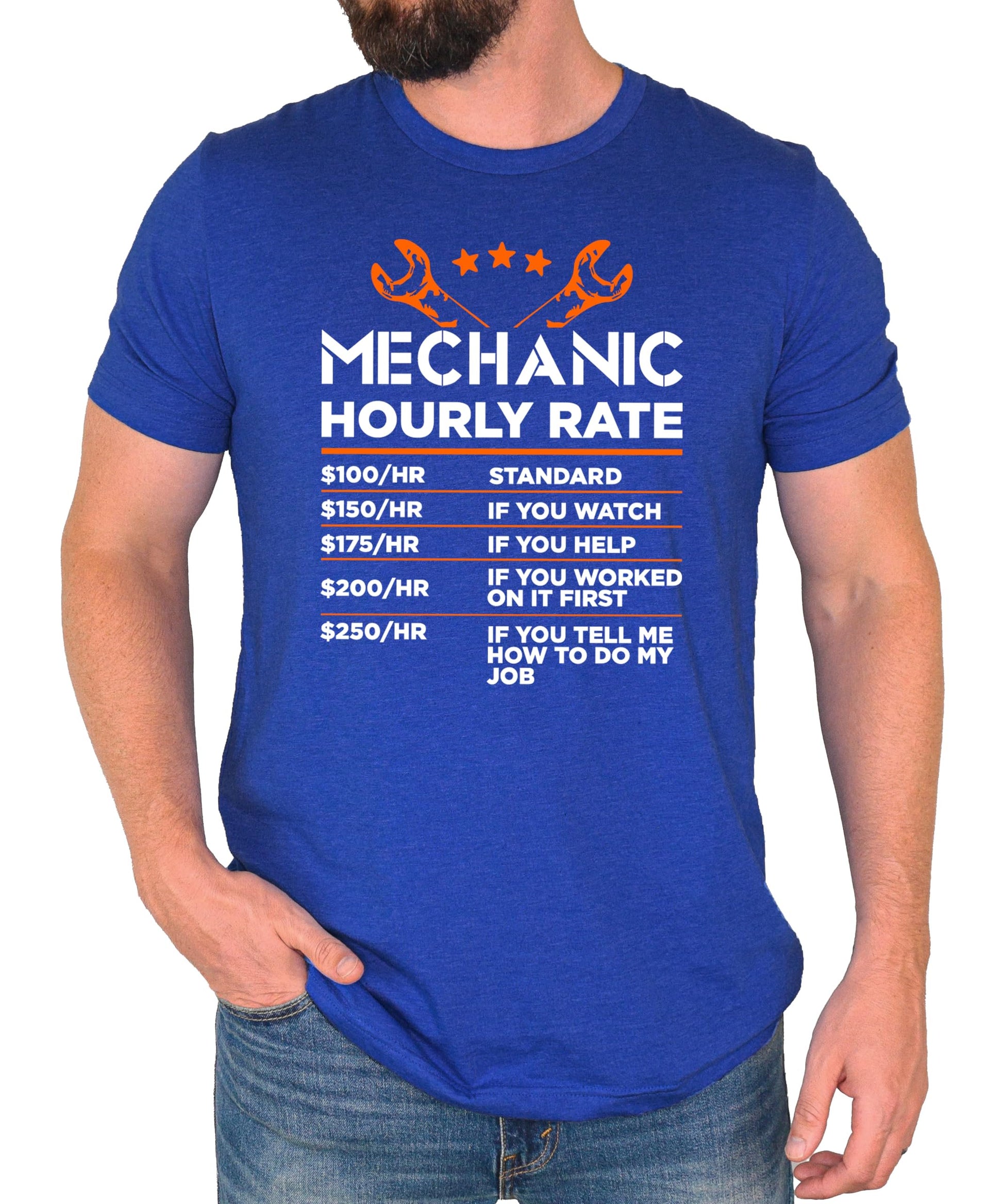 Flat lay of black men's graphic t-shirt with Mechanic Hourly Rate sarcastic price chart design