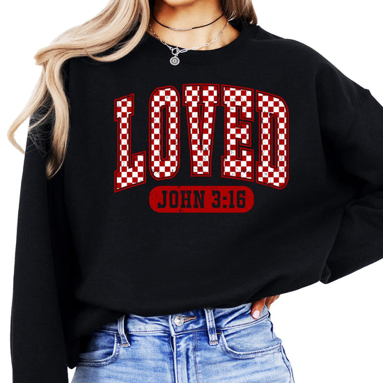 Women's gray Loved John 3:16 Valentine's sweatshirt laid flat showing full front graphic design
