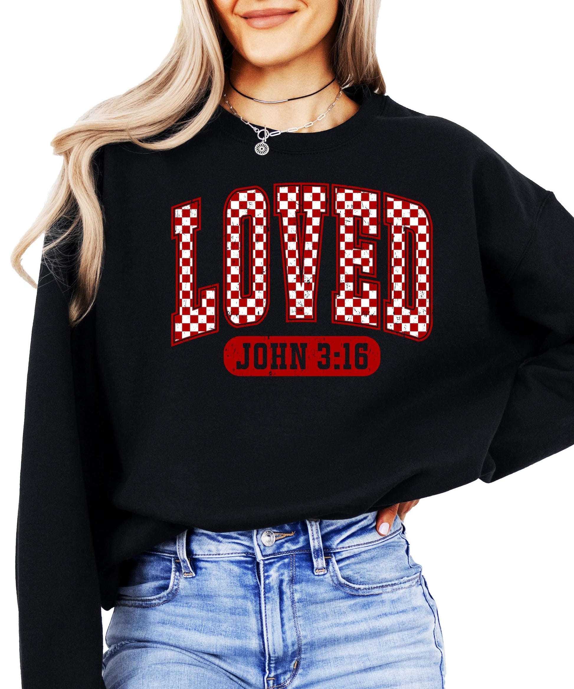 Women's gray Loved John 3:16 Valentine's sweatshirt laid flat showing full front graphic design