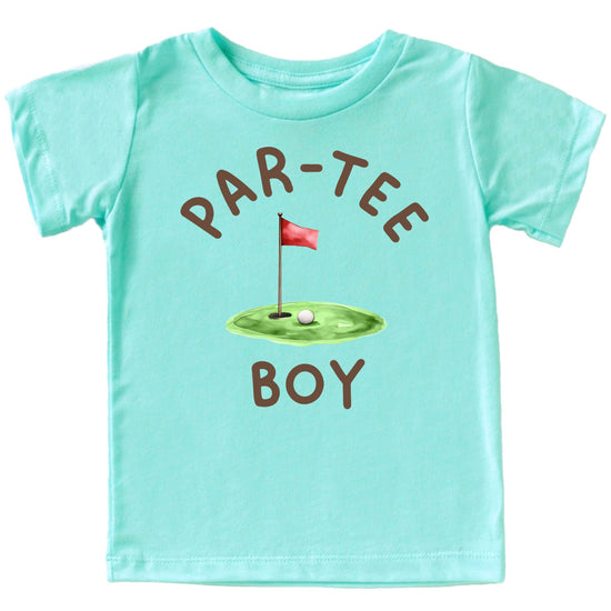 Front view of toddler golf birthday shirt with Par-Tee Boy pun graphic