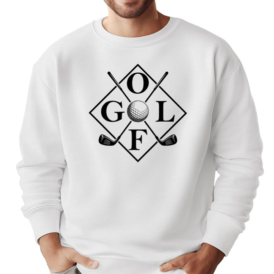 White golf sweatshirt with crossed golf clubs and golf ball design