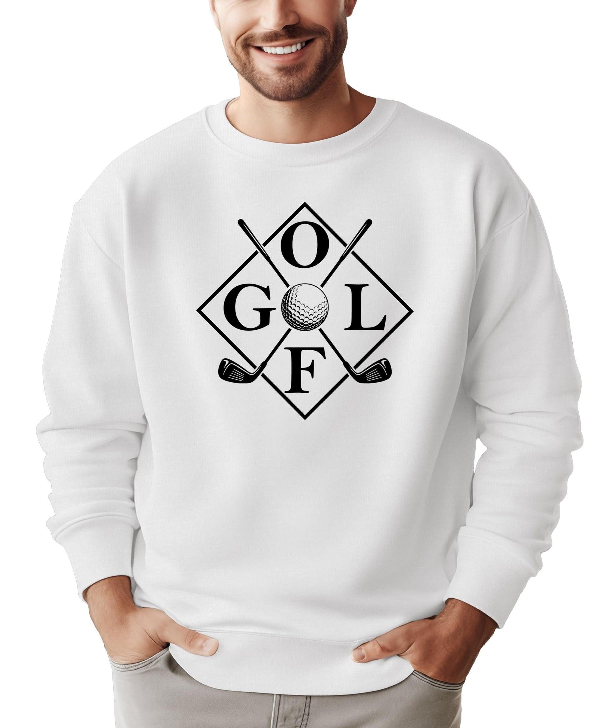 White golf sweatshirt with crossed golf clubs and golf ball design