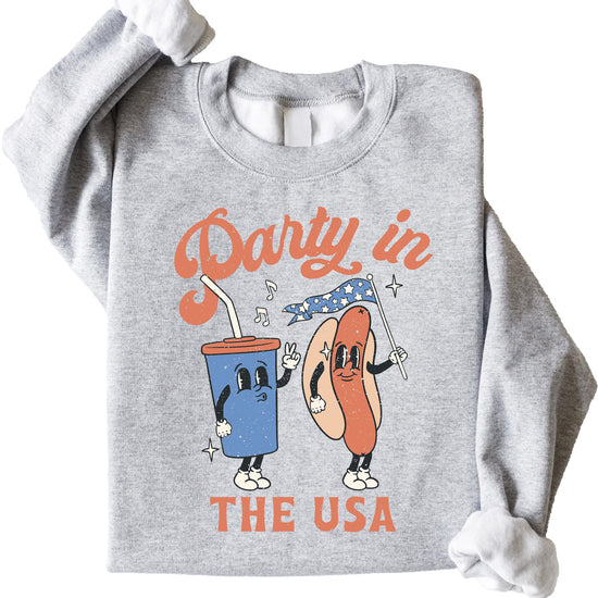 Flat lay of white 4th of July crewneck sweatshirt with retro americana graphic design
