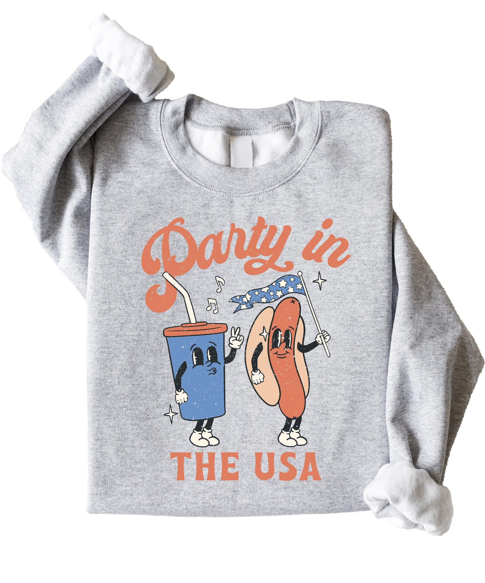 Flat lay of white 4th of July crewneck sweatshirt with retro americana graphic design