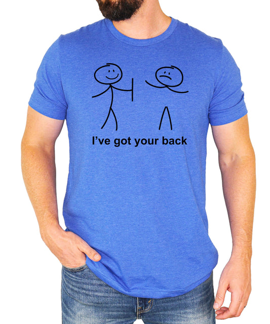 Black men's graphic tee with funny stick figure I've Got Your Back design printed on the back
