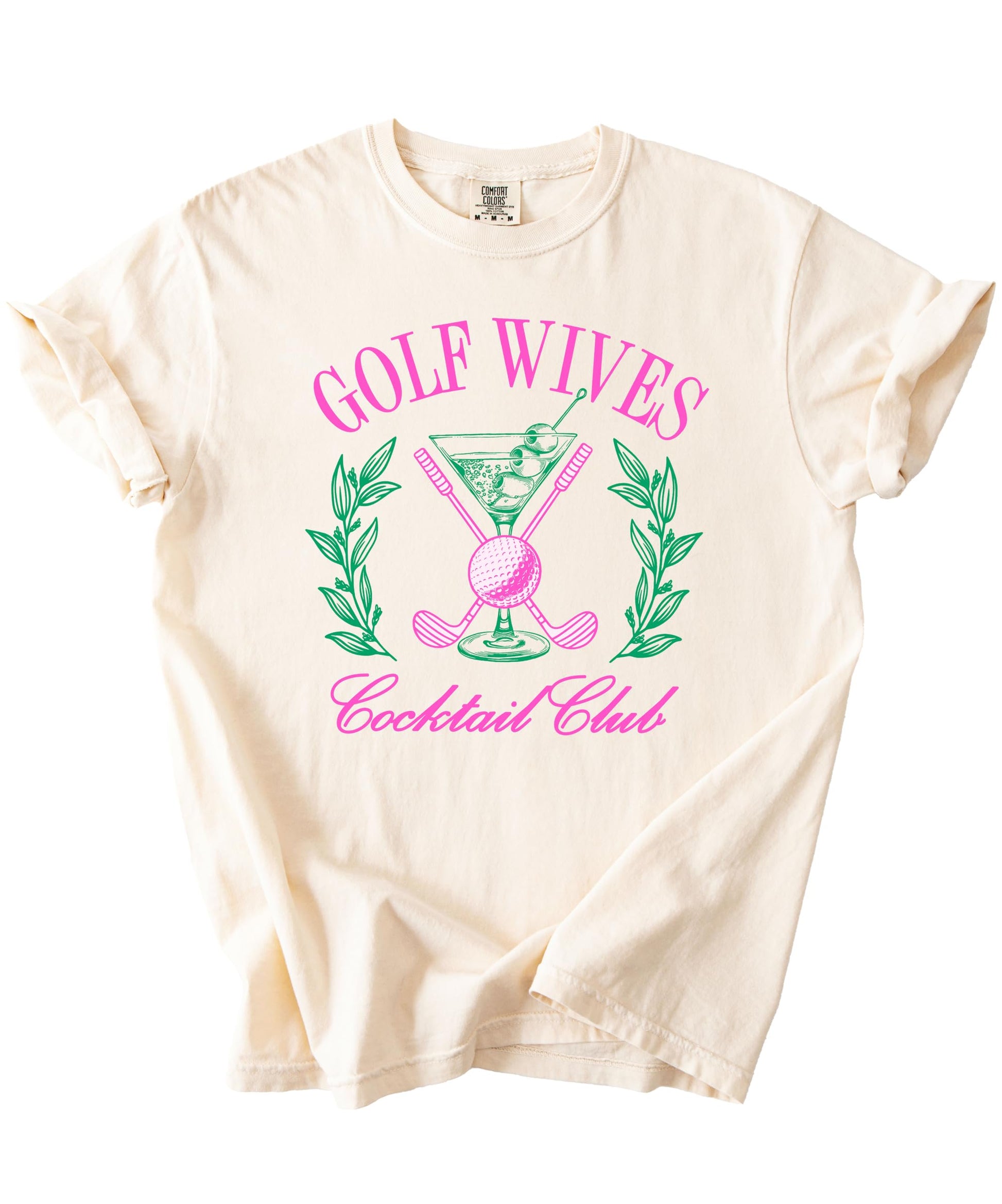 Lifestyle flat lay of ivory Golf Wives Cocktail Club funny women's graphic tee by Olive Loves Apple