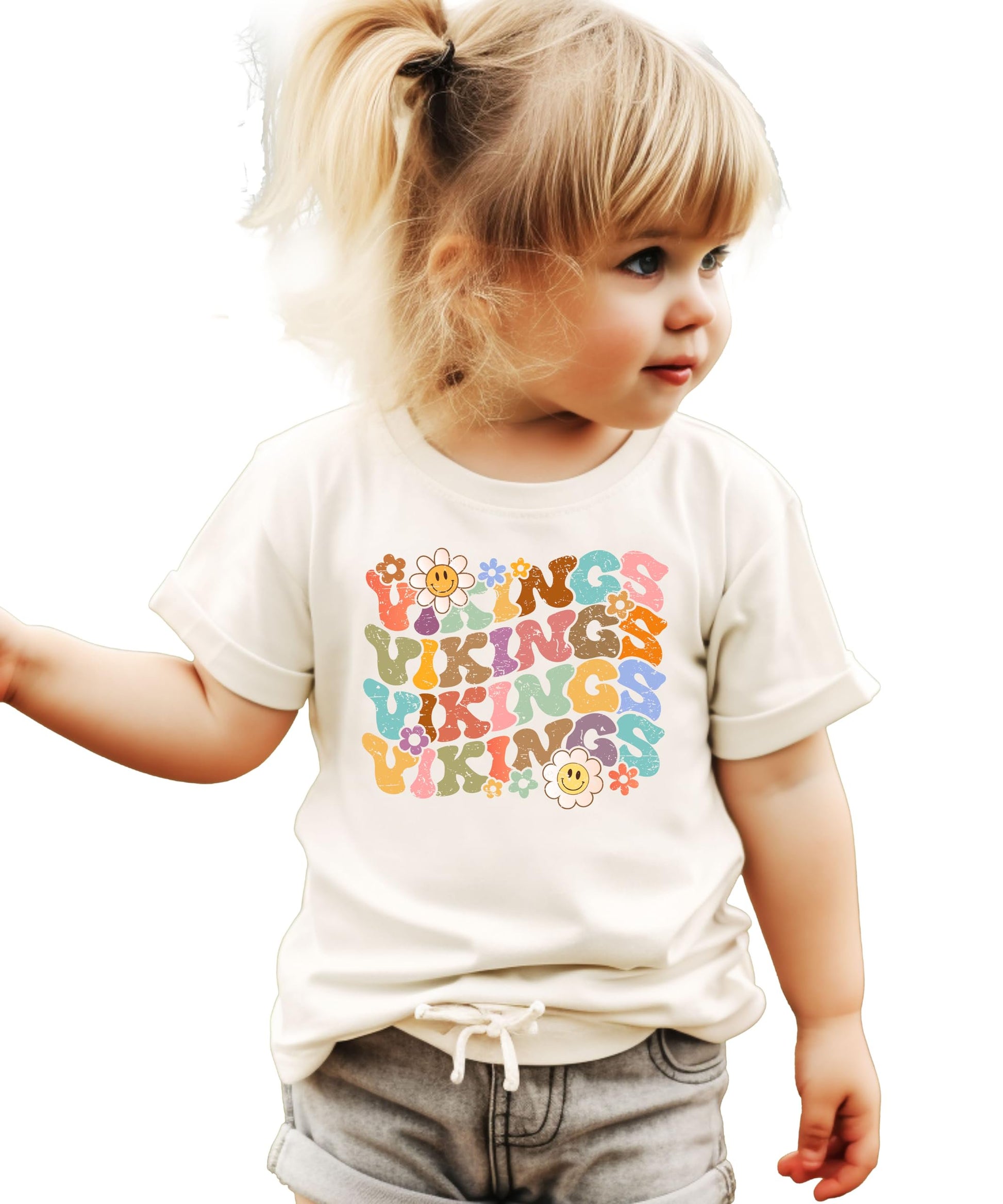 Vikings graphic tee modeled showing fit and design details with rainbow colored text